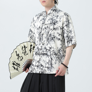 风夏季水墨印花薄款透气短袖新中式盘扣衬衫A321-C636-P50图片