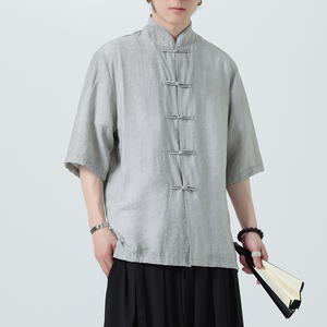 风唐装柳染亚麻短袖衬衫轻薄透气新中式汉服A321-1-C651-P75图片