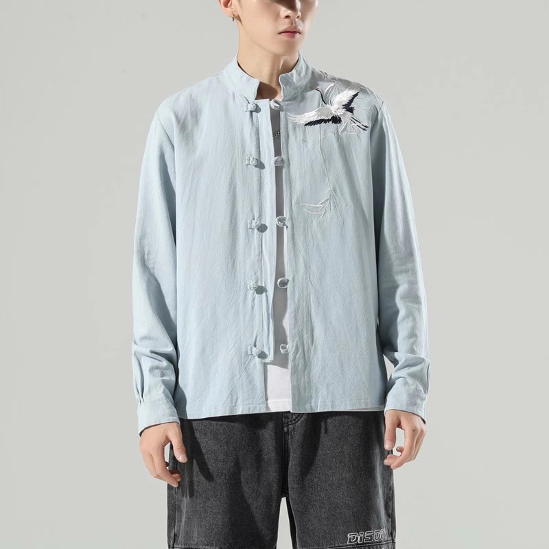 风男装刺绣棉麻长袖衬衫中式盘扣立领唐装A321-1-C626-P70，男装衬衫，电商A321-1（原钱塘6020）