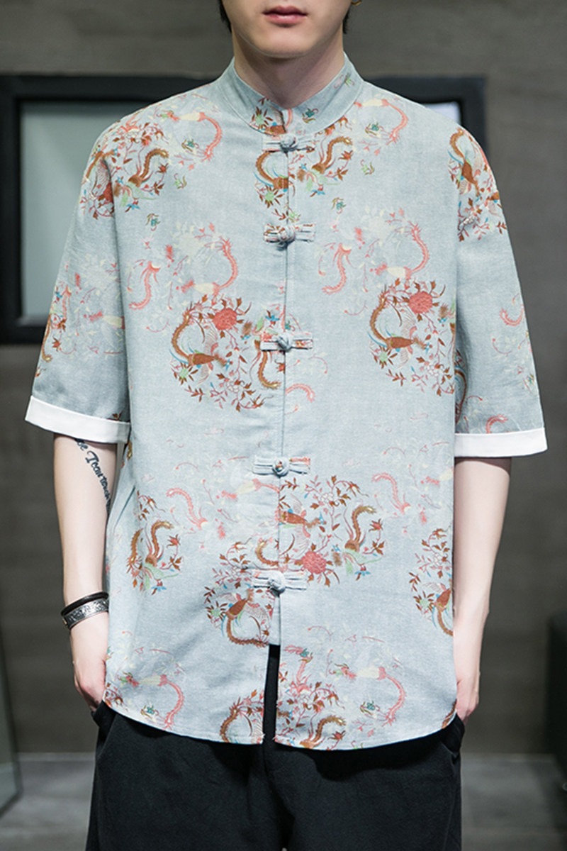 风夏季短袖衬衫汉服休闲大码印花男上衣唐装A321-1-C628-P50,男装衬衫,电商A321-1（原钱塘6020）