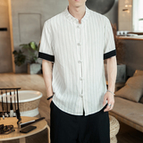 立领短袖衬衫男风盘扣提花条纹亚大码衬衣A321-1-C622-P40，男装衬衫，电商A321-1（原钱塘6020）