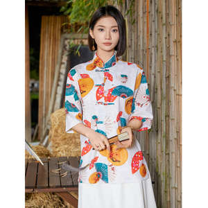 中式盘扣印花衬衫大码宽松风夏季休闲衬衣A321-C635-P60图片