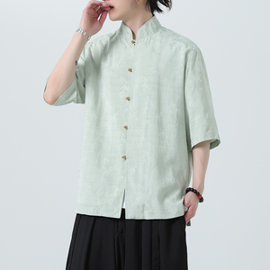 风薄款透气提花休闲铜扣中式复古立领衬衫A321-1-C652-P70图片