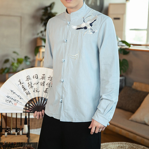 风男装刺绣棉麻长袖衬衫中式盘扣立领唐装A321-1-C626-P70图片