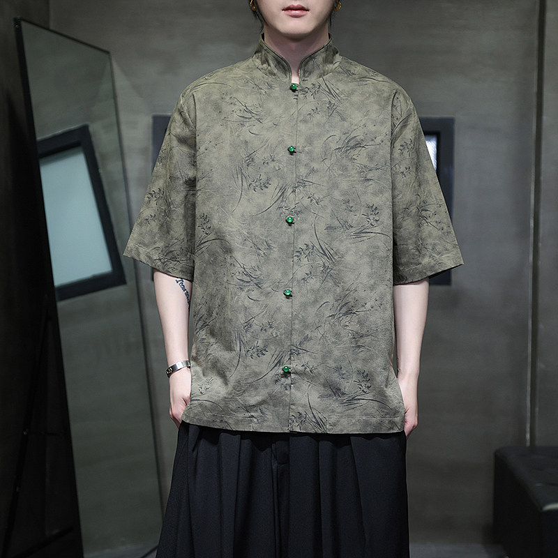 风夏季亚麻透气衬衫印花中式唐装汉服衬衣A321-1-C656-P75,男装衬衫,电商A321-1（原钱塘6020）