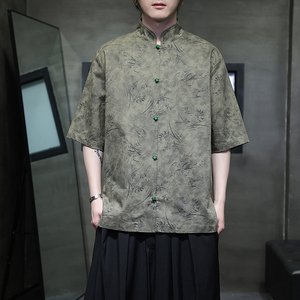 风夏季亚麻透气衬衫印花中式唐装汉服衬衣A321-1-C656-P75图片
