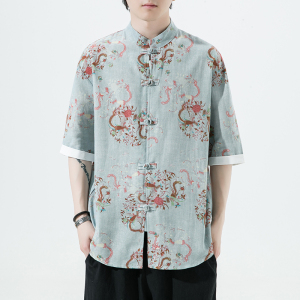 风夏季短袖衬衫汉服休闲大码印花男上衣唐装A321-1-C628-P50