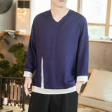 风假两件汉服古风仙气男装T恤长袖亚麻上衣A321-1-T809-P65，男装T恤，电商A321-1（原钱塘6020）