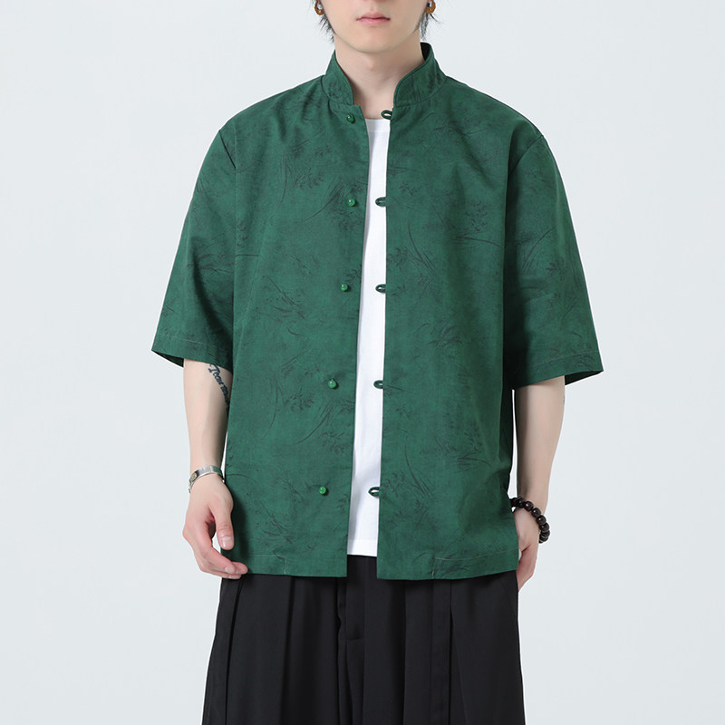 风夏季亚麻透气衬衫印花中式唐装汉服衬衣A321-1-C656-P75,男装衬衫,电商A321-1（原钱塘6020）