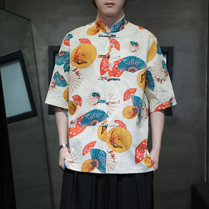 中式盘扣印花衬衫大码宽松风夏季休闲衬衣A321-C635-P60图片