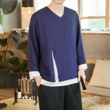 风假两件汉服古风仙气男装T恤长袖亚麻上衣A321-1-T809-P65，男装T恤，电商A321-1（原钱塘6020）