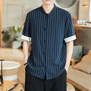 立领短袖衬衫男风盘扣提花条纹亚大码衬衣A321-1-C622-P40图片