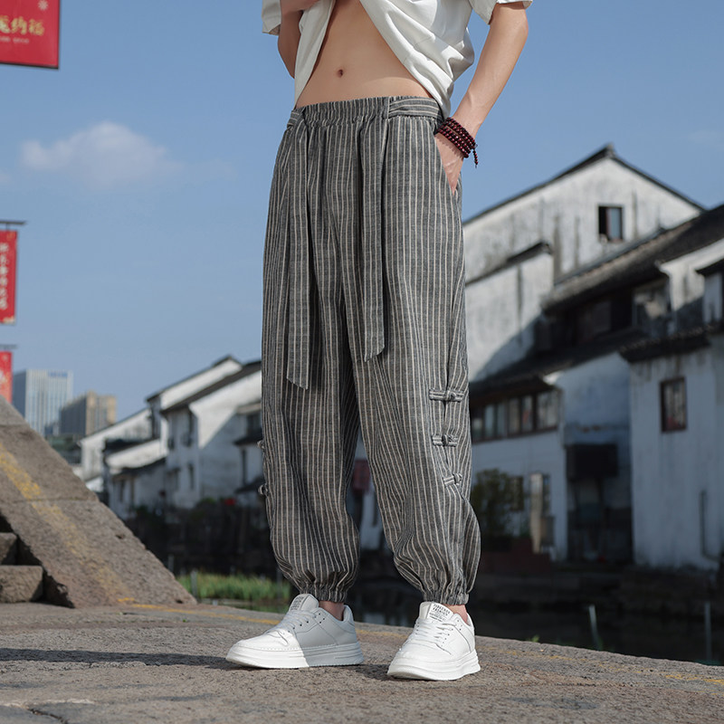 新中式夏季棉麻裤风薄款棉麻盘扣束脚裤A321-1-K910-P65,男装休闲裤,电商A321-1（原钱塘6020）