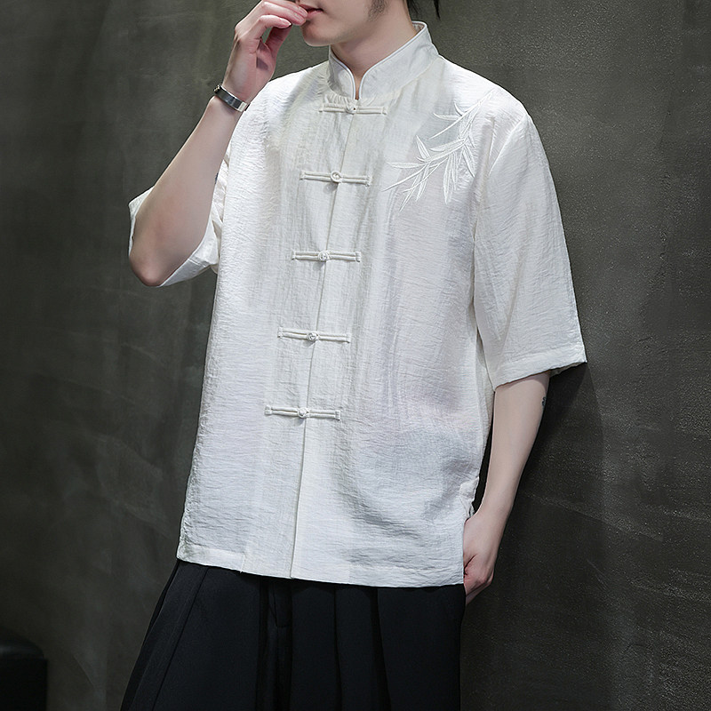 刺绣汉服风夏季轻薄亚麻短袖衬衫男新中式唐装A321-C650-P65,男装衬衫,电商A321-1（原钱塘6020）