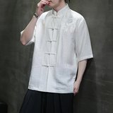 刺绣汉服风夏季轻薄亚麻短袖衬衫男新中式唐装A321-C650-P65，男装衬衫，电商A321-1（原钱塘6020）