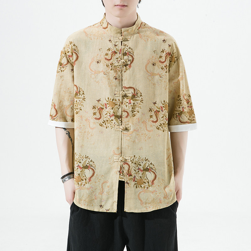 风夏季短袖衬衫汉服休闲大码印花男上衣唐装A321-1-C628-P50,男装衬衫,电商A321-1（原钱塘6020）