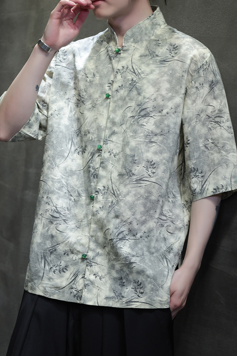 风夏季亚麻透气衬衫印花中式唐装汉服衬衣A321-1-C656-P75,男装衬衫,电商A321-1（原钱塘6020）
