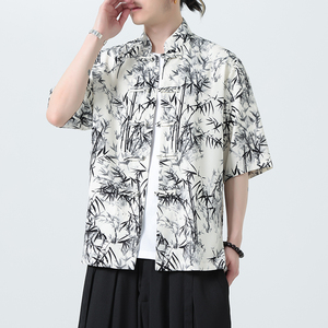 风夏季水墨印花薄款透气短袖新中式盘扣衬衫A321-C636-P50图片