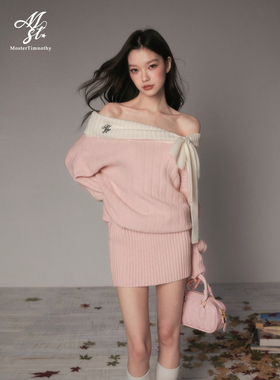 Moster Timnothy原创一字肩蝴蝶结厚款连衣裙氛围感针织长袖毛衣