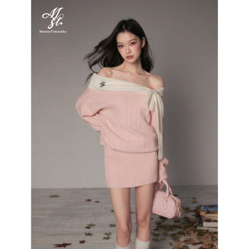 Moster Timnothy原创一字肩蝴蝶结厚款连衣裙氛围感针织长袖毛衣