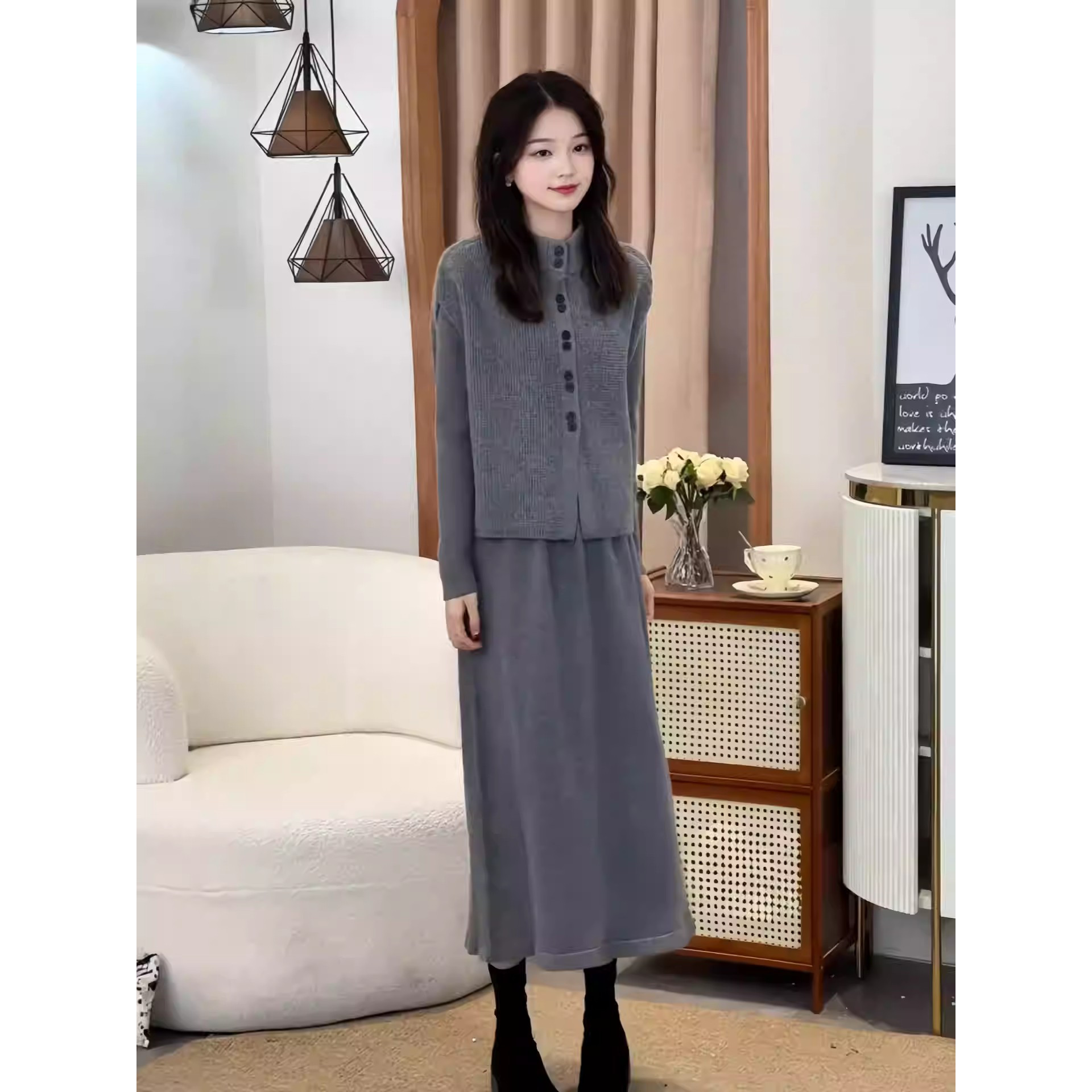 洋气针织毛衣裙套装女2025秋冬大码胖MM新款小个子马甲裙子两件套