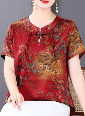 夏季大码新中式印花短袖妈妈装