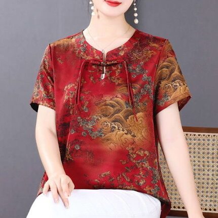 夏季新款大码女装红色印花短袖上衣女宽松新中式洋气复古妈妈装