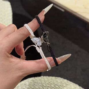 精致卡通蝴蝶手链黑白百搭小众甜美手工编织蝴蝶手绳情侣闺蜜手环