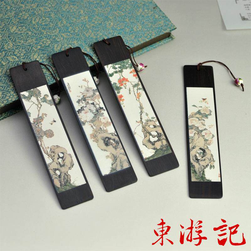 中国风特色礼品送老外 紫光檀UV彩绘书签:清﹒居廉“花卉四屏”