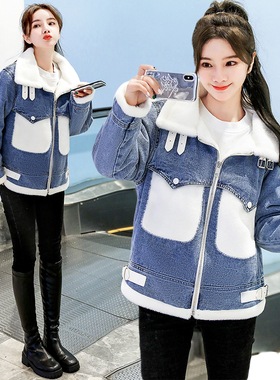 实拍2024冬装新款韩版宽松牛仔棉衣女  毛毛拼接加厚短外套棉袄潮