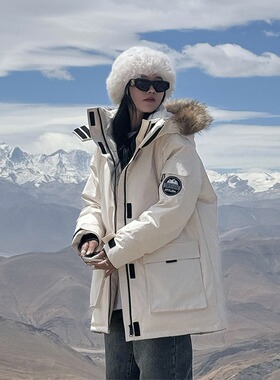 情侣工装羽绒棉服女2024年新款中长款大毛领加厚派克服冬季外套