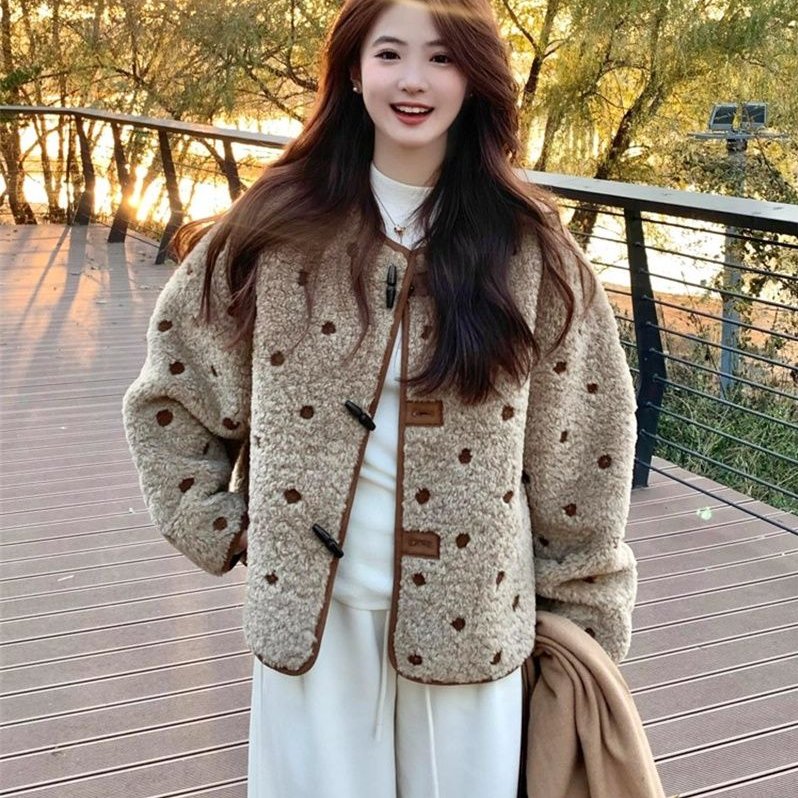 双面穿麂皮绒羊羔毛外套女冬短款时尚洋气皮毛一体波点毛绒厚上衣