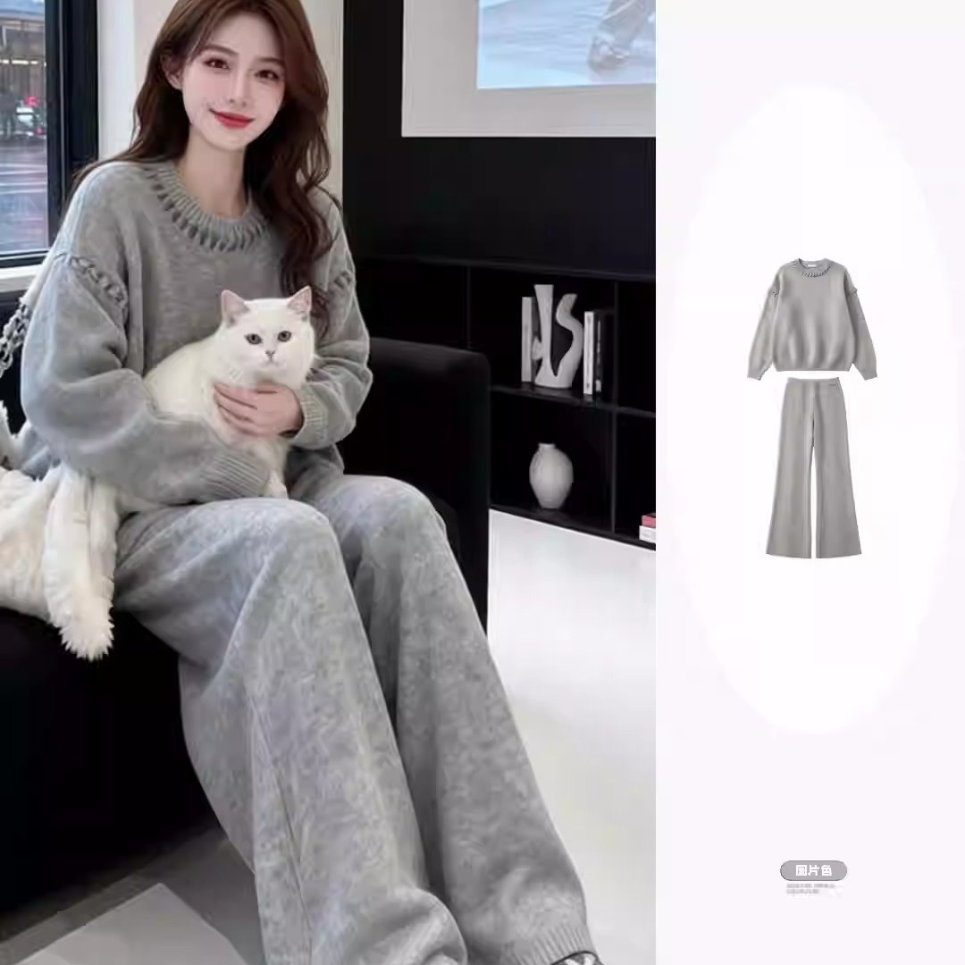 秋季套装女高级感气质洋气新款毛衣开衫背心裤子针织套装三件套