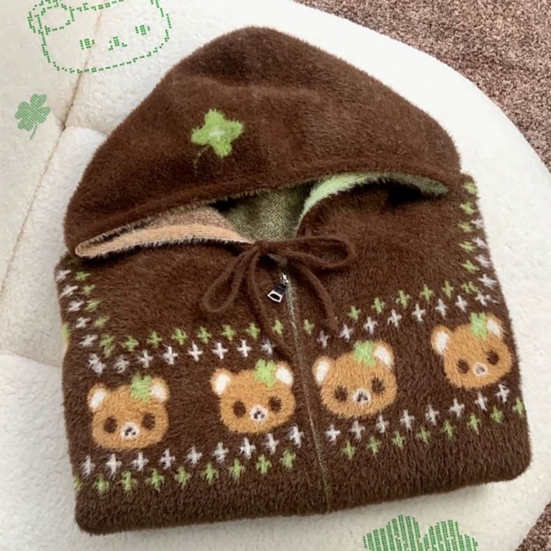 可爱小熊提花连帽毛衣女冬季小个子穿搭拉链加厚外套