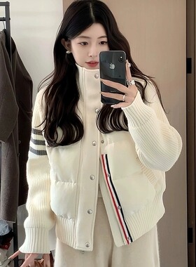 网图90白鸭绒女短款针织拼接小个子外套秋冬2024年新款轻薄白鸭绒