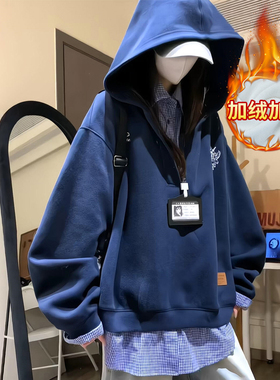 纯棉华棉复合真超400克加绒卫衣女秋冬刺绣连帽保暖上衣