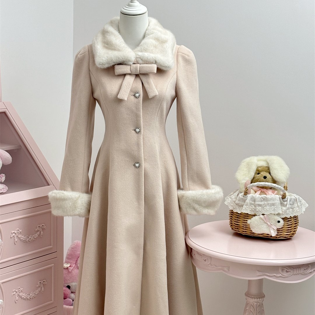 维斯小姐  樱花落  千金少女感小个子收腰羊毛长款显瘦修身大衣