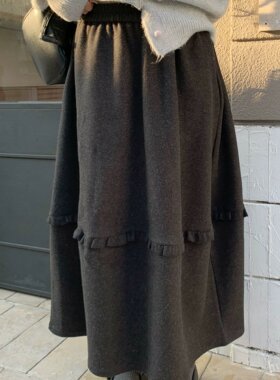 DOMX秋冬季加厚黑灰色松紧腰半身裙女毛呢中长款2025新款a字裙