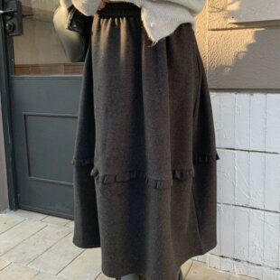 DOMX秋冬季加厚黑灰色松紧腰半身裙女毛呢中长款2025新款a字裙