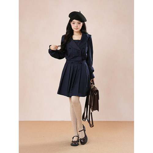 昭野女子 昭和风校供感jk制服深蓝色西装外套+短裙水手服两件套