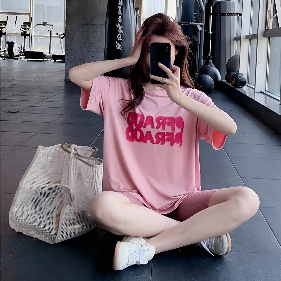 运动T恤女夏季薄款休闲宽松大码中长款跑步短袖上衣健身瑜伽服女