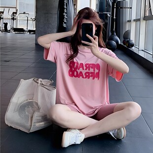 运动T恤女夏季薄款休闲宽松大码中长款跑步短袖上衣健身瑜伽服女
