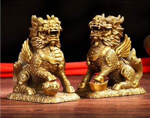 纯铜财富麒麟摆件一对家居饰品