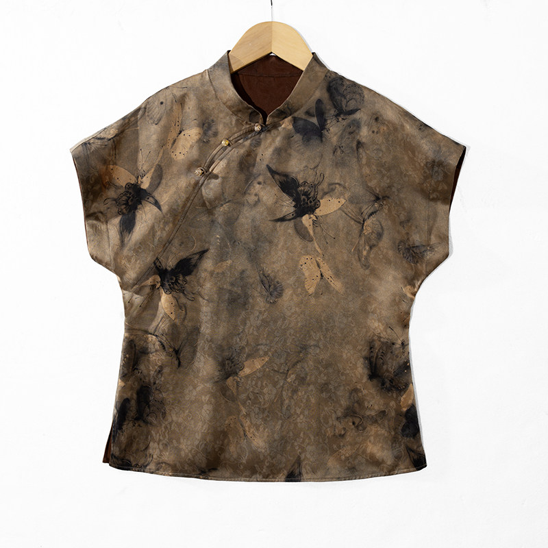 华族经典桑蚕丝香云纱新中式复古立领唐装上衣女短袖蝶影