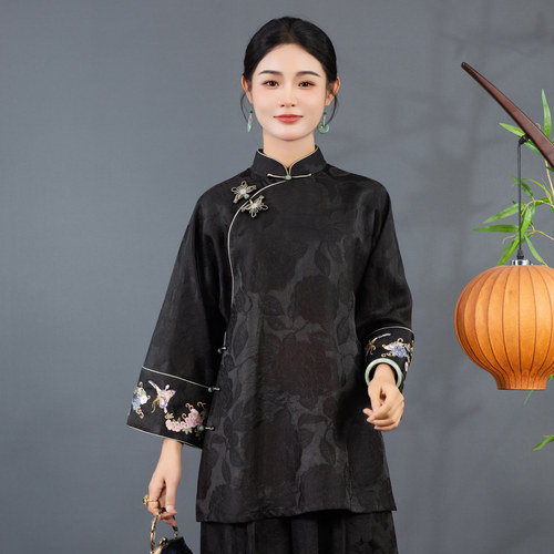 华族经典唐装女中长款暗香黑55姆米重缎香云纱刺绣太太服上衣外套