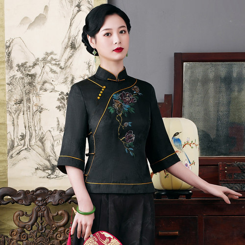 唐装女手绘香云纱开襟盘扣中国风