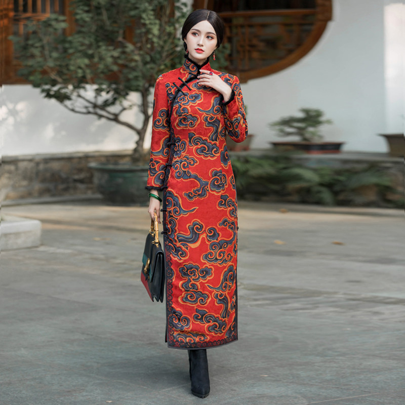 华族经典落花红真丝红云纱妈妈旗袍礼服婚宴夹棉加厚保暖长袖长款