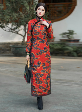 华族经典落花红真丝红云纱妈妈旗袍礼服婚宴夹棉加厚保暖长袖长款