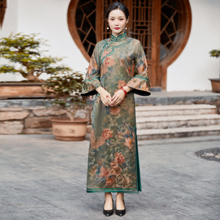 无省全开襟旗袍长款 华族经典 怀瑾40姆米真丝香云纱古法平裁倒大袖