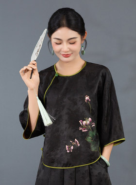 唐装女夏香云纱改良版手绘